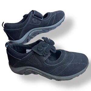 Merrell Jungle Moc Burst MJ Kids Shoes Black Suede Flower Strap Size 6